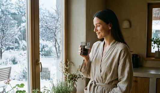 kobieta pije wodę HUMIO w kuchni o poranku